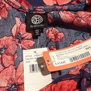 Bobeau Red and Dark Teal Floral Short Sleeve Top